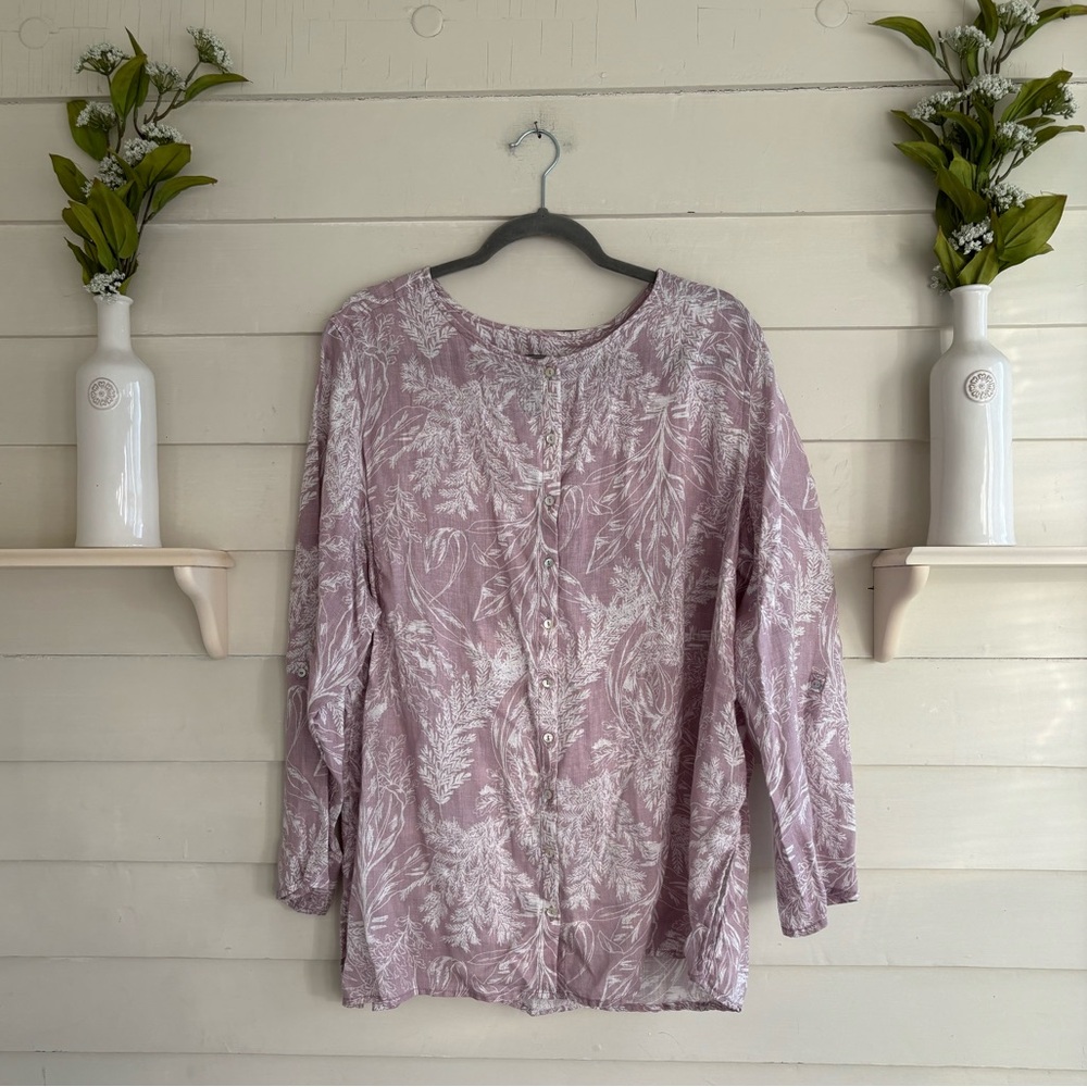 Tahari 100% Linen Leaf Print Button Top Women’s Size 2X